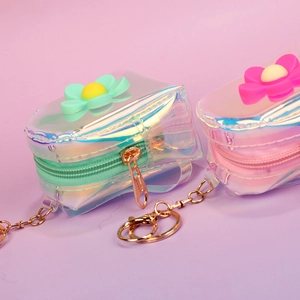 Mini floral laser holographic transparent coin purses with cute zipper and keychains