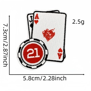 Detail showing embroidered poker patch with A and J cards and casino chip dimensions