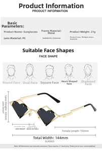 Detailed technical measurement guide for heart-shaped hip hop sunglasses dimensions