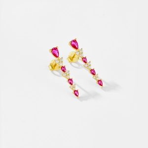Orecchini pendenti in argento S925 con pietre a goccia magenta e zirconi cubici bianchi