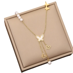 Elegant 18K gold-plated stainless steel Y-necklace with butterfly pendant and pearls