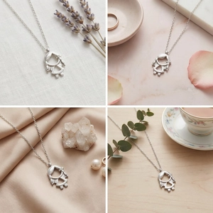 Collier avec pendentif petite fille en argent sur divers arrière-plans élégants