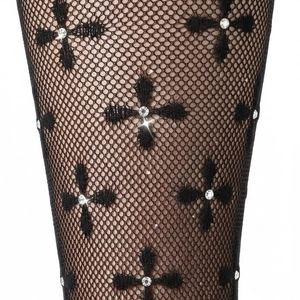 Gothic Fischnetzstrumpfhose in Schwarz mit Kreuz-Stickerei und glänzenden Strasssteinen
