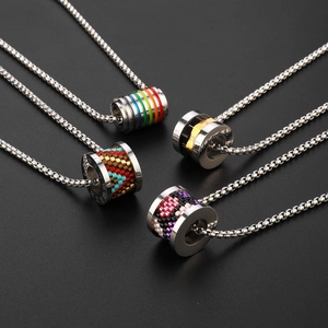 Titanium steel necklaces with cylinder pendants, Roman numerals, and colorful glass beads