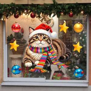 Close-up of Christmas cat window decal with festive stars and ornaments on glass