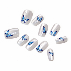 Blue butterfly cat eye press-on nails with silver pearl luster and 3D artistic patterns