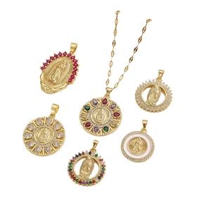 Fashionable gold plated Virgin Mary pendants set with colorful cubic zirconia stones