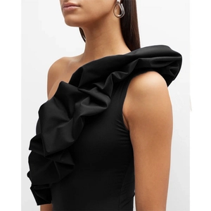 Elegant black one-shoulder swimsuit with dramatic ruffled sculptural design detail