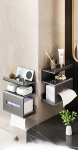 Starry gray wall-mounted toilet paper holder with storage shelf and phone platform