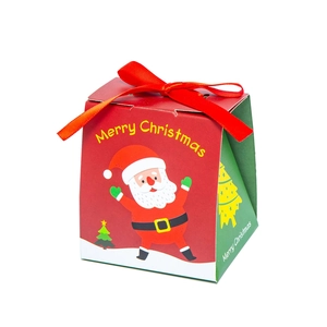 Christmas paper gift box with red ribbon and Santa Claus design on white background