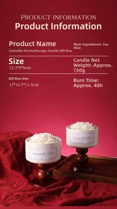 Detailed specs of camellia scented candle showing soy wax content and 40h burn time