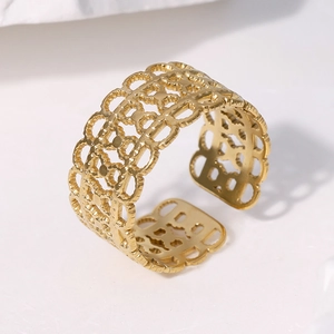 Vintage Hollow Geometric Ring Stainless Steel Gold Plated Adjustable Open Band Retro Lace Jewelry For Women