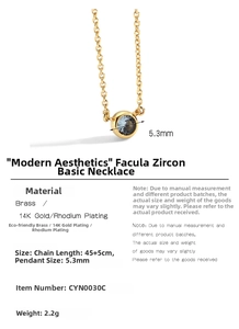 Detail view of round zircon pendant with copper plating and size specifications