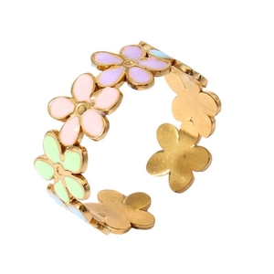 Detailed macro view of 18k gold plated open ring with colorful enamel flower petals