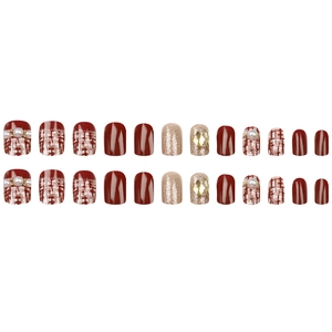 Deep wine red press-on nails set with champagne pearls and vintage plaid patterns