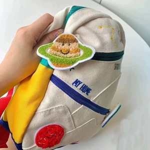 Lightweight canvas kids backpack with colorful space theme and planet embroidery