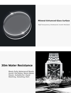 Detailed view of the square quartz watch showing mineral glass and 30m water resistance