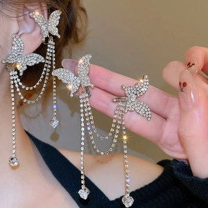 Schmetterling Lange Quaste Ohrclips Legierung Straß Nicht Durchstochen Asymmetrisch Ohrmanschette Schmuck Damen