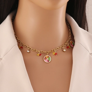 Golden fruit necklace with colorful watermelon pendant and vibrant red yellow beads