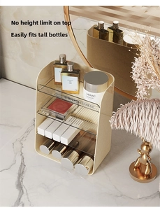 Three-tier vanity organizer for skincare and perfumes on a marble dressing table