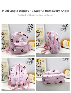 Zaino rosa per bambini con disegni animati mostrato in 4 angolazioni con tasche e cinghie