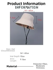 Detailed view of beige nylon bucket hat showing dimensions 54-60cm and waterproof fabric