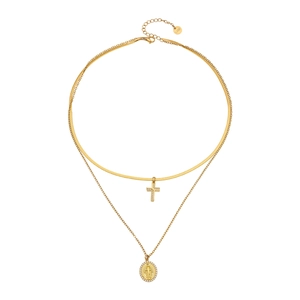 Double-layer gold stainless steel necklace with crystal cross and virgin mary medal