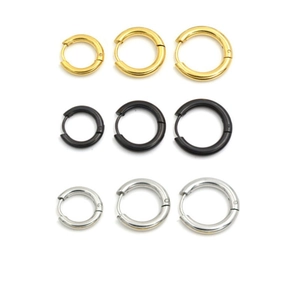 Various sizes of 18K gold-plated, black, and silver stainless steel round hoop earrings set