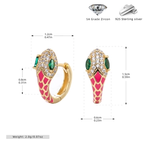 Detail view of gold snake earrings with pink enamel and zircons showing precise dimensions