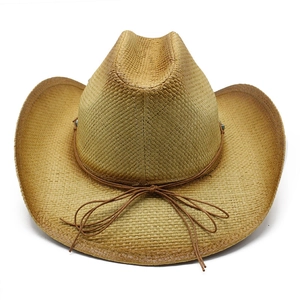 Detailed top view of natural woven cowboy straw hat with brown trim and decorative rope