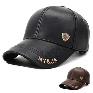 Men PU Leather Baseball Cap With Metal Shield Badge And Embroidery Adjustable Outdoor Fashion Hat