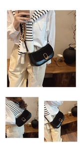 Three-angle views of a black leather saddle bag with minimalist gold geometric metal clasp