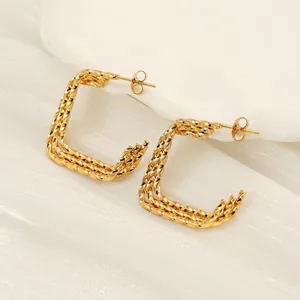Boucles D'oreilles Carrées En Forme De C Acier Inoxydable Plaqué Or 18K Corde Torsadée Bijoux Géométriques Minimalistes