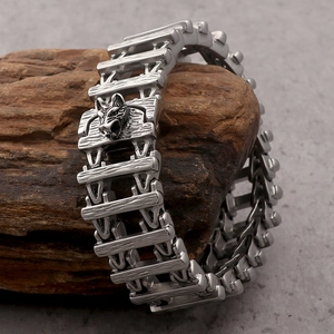 Punk style wolf head titanium steel bracelet on rustic wood background with link chain