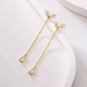 Elegant 18K gold plated tassel leaf earrings with drop cubic zirconia on white background