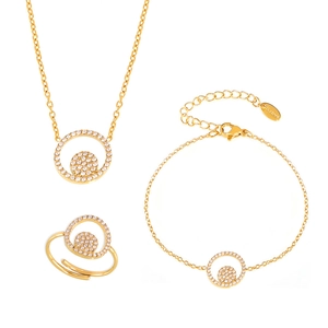 Parure de bijoux élégante en acier inoxydable doré avec collier et bague en zircone