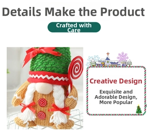 Detail of Christmas gnome plush featuring green sequin hat and white braided yarn hair