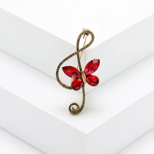 Vintage gold treble clef music note brooch with red crystal butterfly for suits