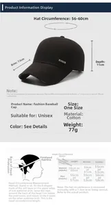 Size chart showing baseball cap dimensions and head measurement guide for men and women