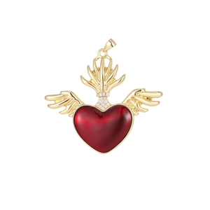 Gold plated baroque angel wing heart pendant with red crystal and crown detailing