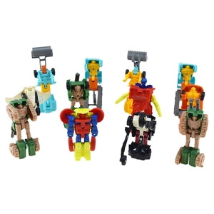 Set of colorful construction vehicle robot toys including excavators and road rollers