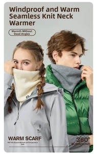 Detail of high-elasticity seamless knitted winter neck warmer on male and female models