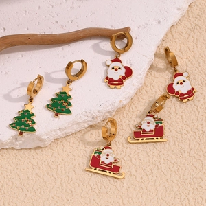 Weihnachts Weihnachtsmann Und Weihnachtsbaum Emaille Ohrringe Edelstahl 18K Vergoldet Feiertagsschmuck Für Damen