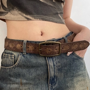 Women Vintage Embossed PU Leather Belt With Alloy Pin Buckle Y2K Ethnic Style Boho Waist Accessory Retro Fashion