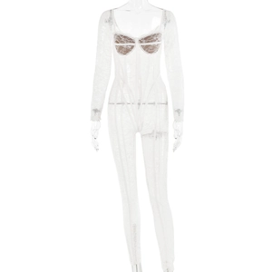 White lace sheer long sleeve bodysuit with plunging neckline and intricate patterns