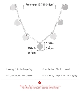 Silver titanium steel heart necklace showing chain length and pendant size specifications