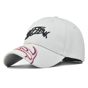 Detail of 3D fish bone embroidery and tribal flame pattern on gray baseball cap