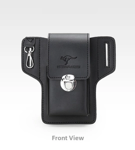 Men's leather phone belt pouch with embossed kangaroo logo and metal snap closure