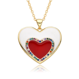 Retro gold heart pendant necklace with white enamel and colorful zircon stones