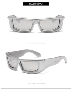Detail view of silver Y2K rectangle sunglasses with metallic finish from dual angles